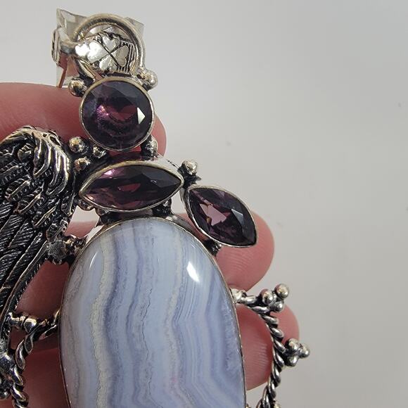 Handmade Silver Pendant with Blue Lace Agate and Amethyst - Picture 9 of 10
